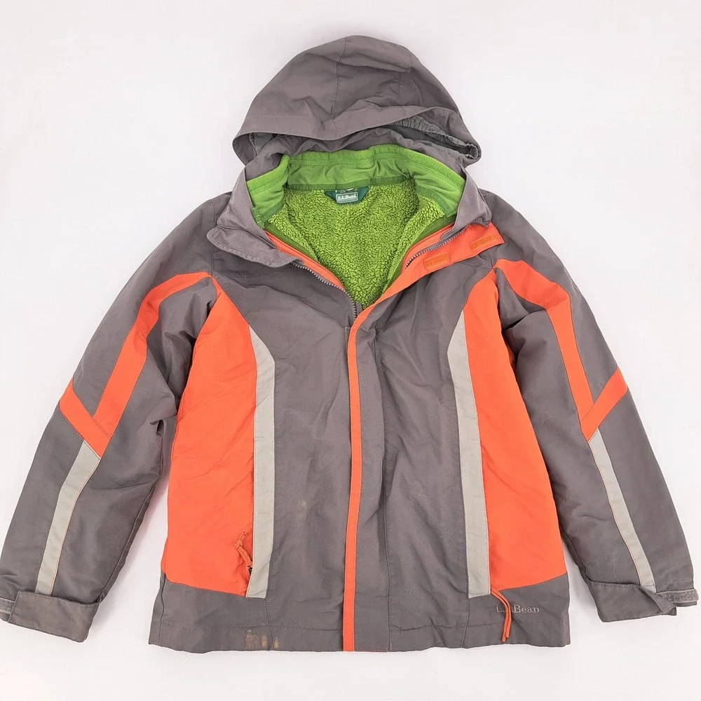 L.L. Bean Winter Jacket Kids M 10-12 Grey Orange Hooded Sherpa Lined Fleece